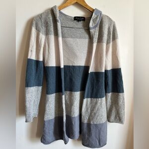 Claudia Nichole 100 % Cashmere Striped Hooded Sweater - Gray and Blue